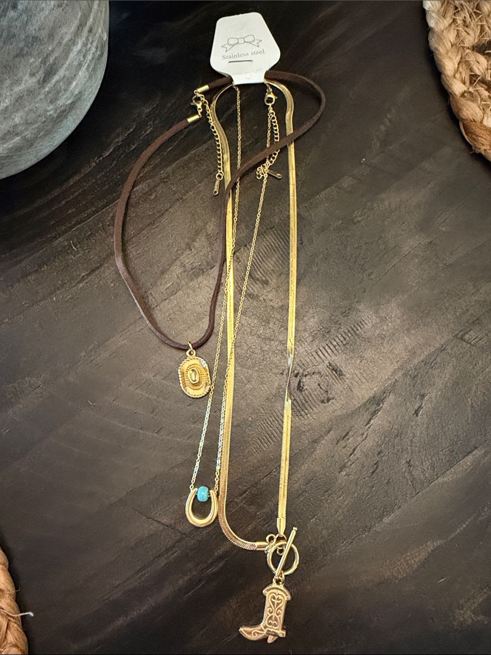 3 Piece Gold-Tone Layered Pendant Necklace Set with Brown Cord